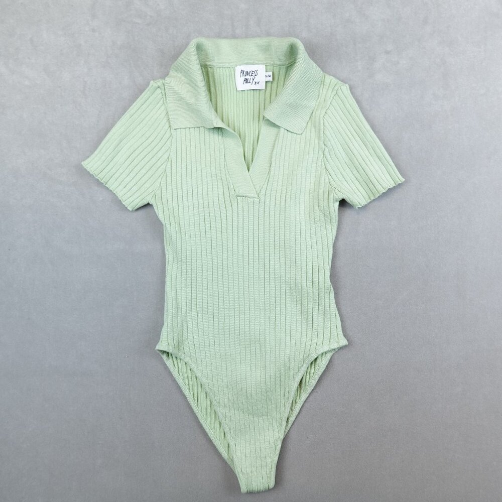 Princess Polly Bodysuit Green Collared Ribbed